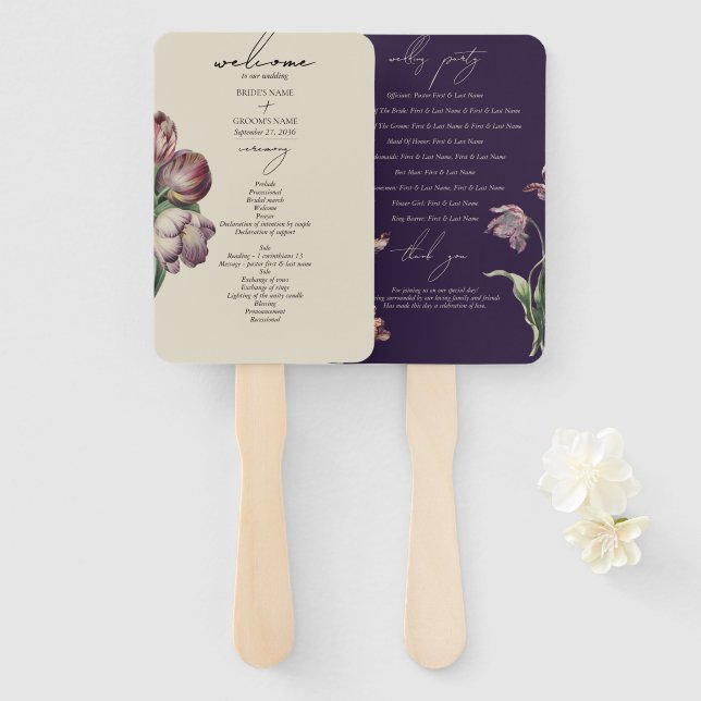 Moody Watercolor Purple Tulips Wedding Program Hand Fan (Front and Back)