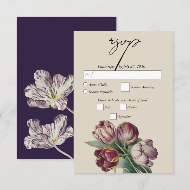 Moody Watercolor Purple Tulips Wedding RSVP Card (Front/Back)