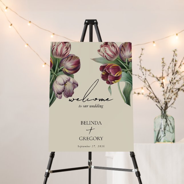 Moody Watercolor Purple Tulips Wedding Welcome Foam Board (In Situ (Stand))