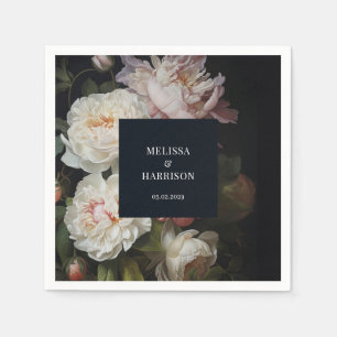 Moody White and Blush Peony Rose Floral Wedding Napkins