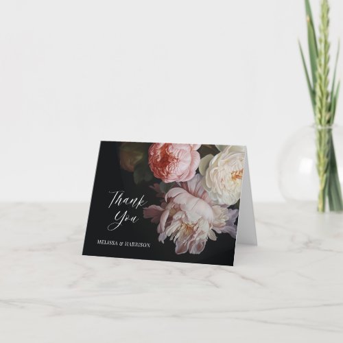 Moody White and Blush Peony Rose Floral Wedding Thank You Card