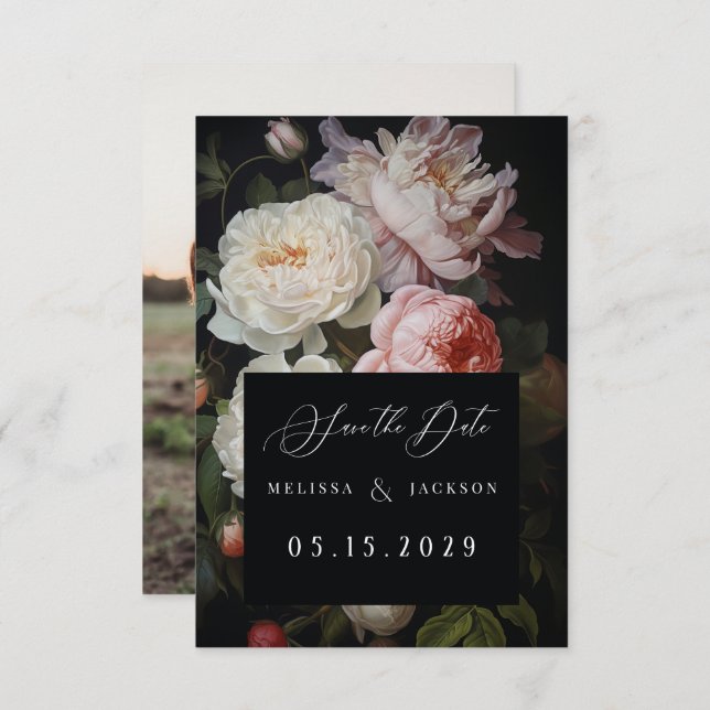 Moody White Peony Blush Rose Save The Date (Front/Back)