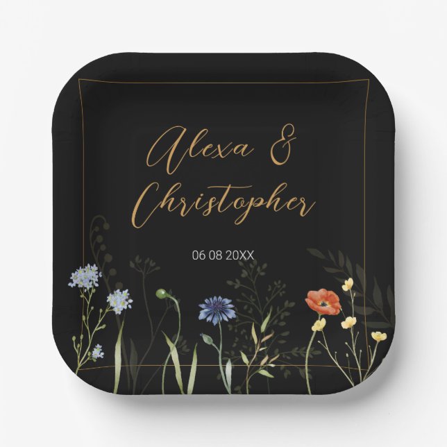 Moody Wildflower Boho Botanical Wedding Paper Plates (Front)