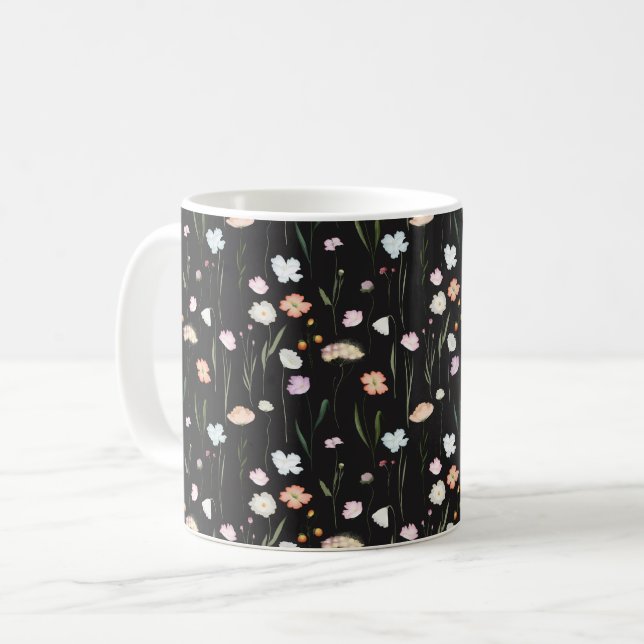 Moody Wildflowers Black Floral Pattern Coffee Mug (Front Left)