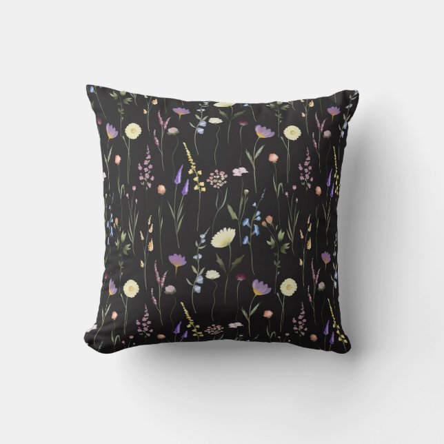 Moody Wildflowers Black Floral Pattern Throw Pillow (Front)