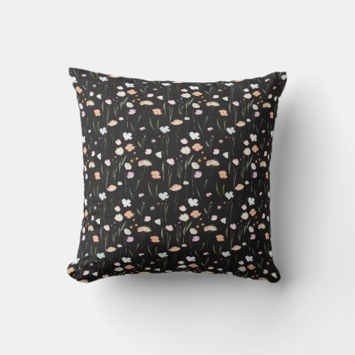 Moody Wildflowers Black Floral Pattern Throw Pillow