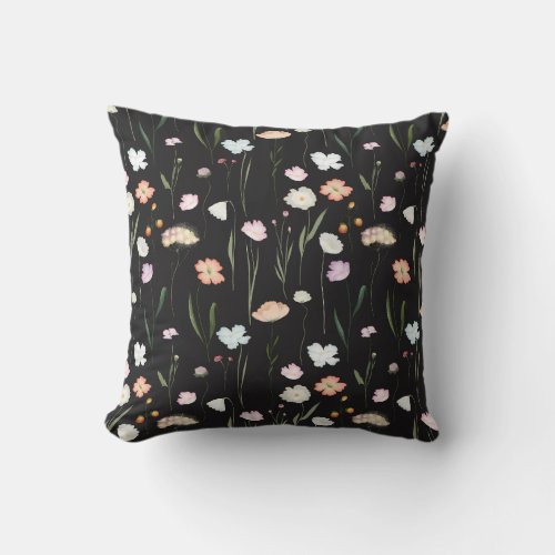 Moody Wildflowers Black Floral Pattern Throw Pillow