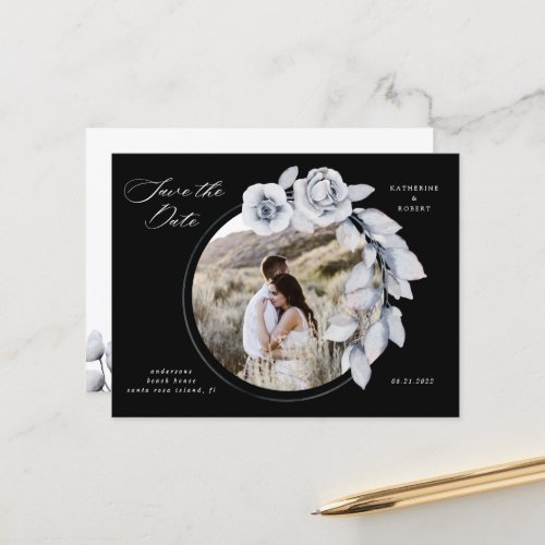 Moody Winter Blue Floral Save The Date Postcard
