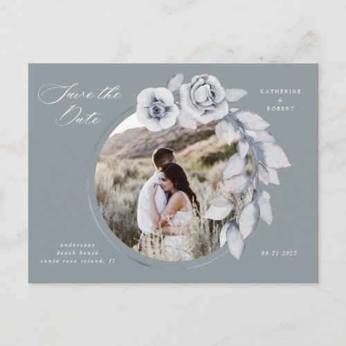 Moody Winter Blue Watercolor Floral Save The Date Postcard