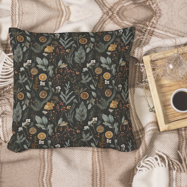 Moody Winter Botanical Christmas Holiday Throw Pillow (Creator Uploaded)