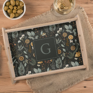 Moody Winter Botanical Holiday Monogram Serving Tray