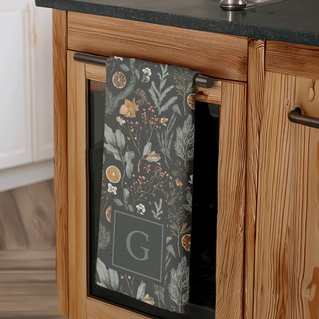 Moody Winter Botanical Monogram Christmas Holiday Kitchen Towel (Creator Uploaded)