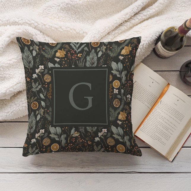 Moody Winter Botanical Monogram Christmas Holiday Throw Pillow (Creator Uploaded)