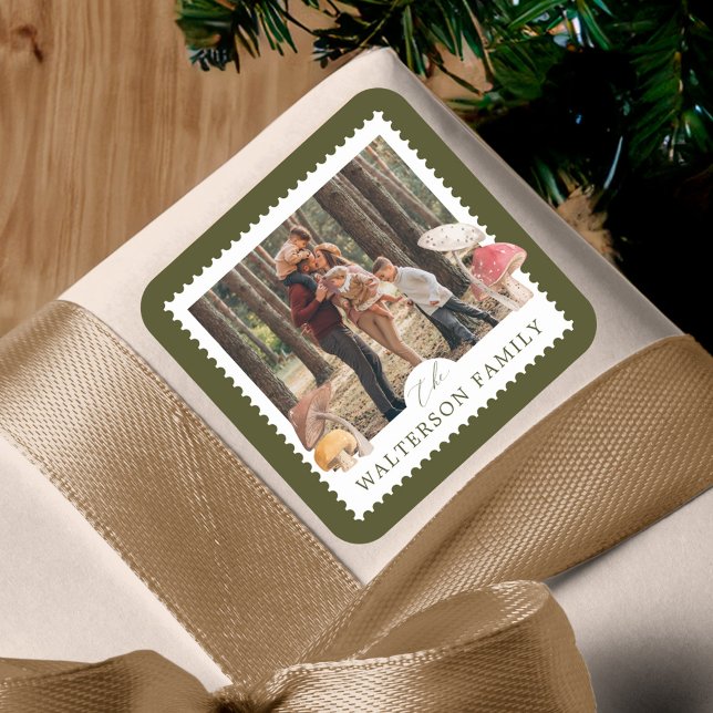 Moody Winter Botanical Mushrooms Festive Christmas Square Sticker (Rustic Watercolor Woodsy Mushrooms Photo Stamp Square Sticker)