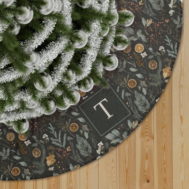 Moody Winter Botanical Pattern Monogram Brushed Polyester Tree Skirt (Creator Uploaded)