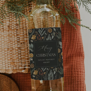 Moody Winter Botanical Personalized Christmas Wine Label