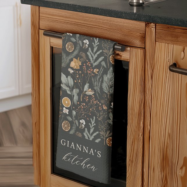 Moody Winter Botanical Personalized Holiday Kitchen Towel (Creator Uploaded)