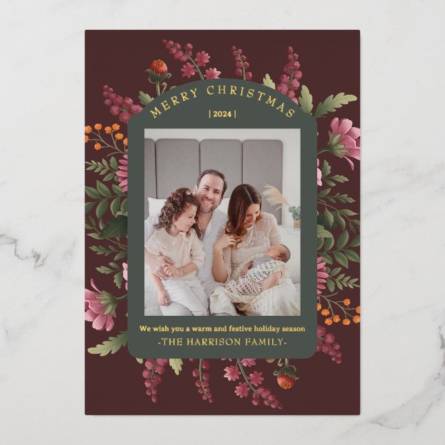 Moody Winter Floral Border Christmas Foil Holiday Card (Front)