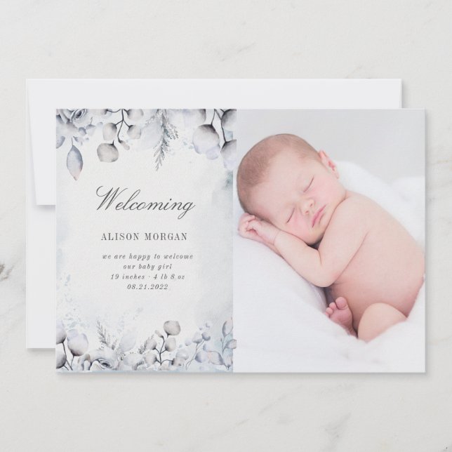 moody winter foliage birth announcement card (Front)