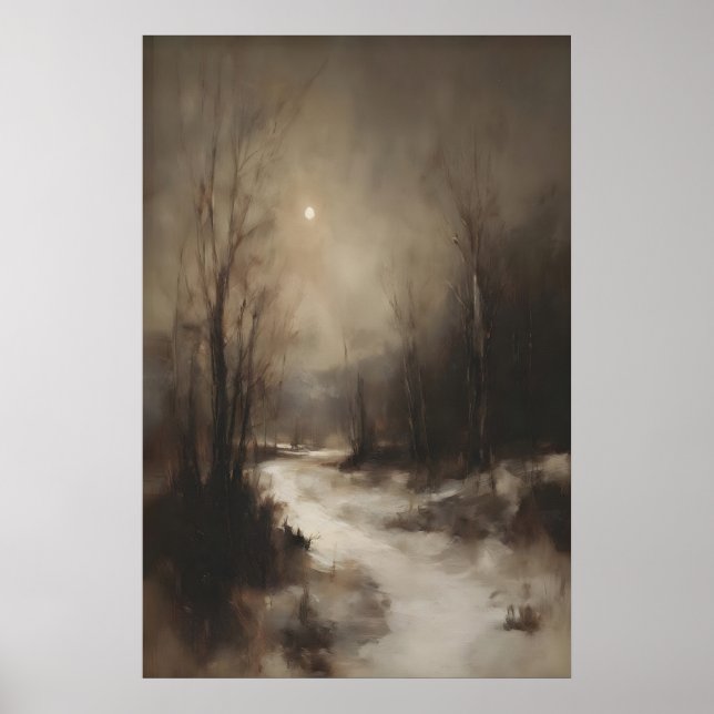 Moody Winter Forest Wall Art, Moonlit Snowy Poster (Front)