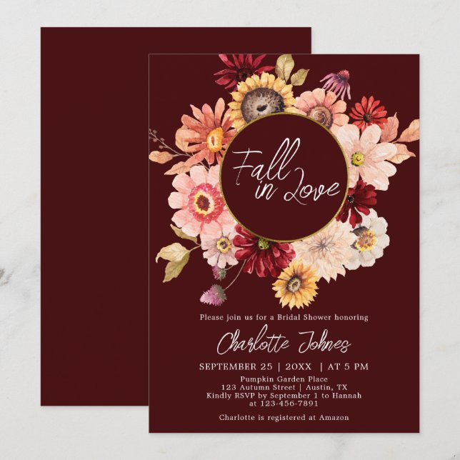 Moody Wreath Fall In Love Burgundy Bridal Shower Invitation (Front/Back)