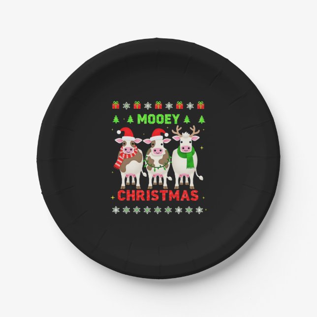 Mooey Christmas Cow Christmas Ugly Sweater Pajama  Paper Plates (Front)