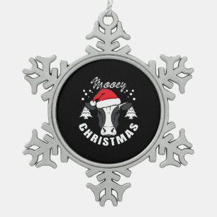 Mooey Christmas - Cow Head with Santa Hat Design Snowflake Pewter Christmas Ornament