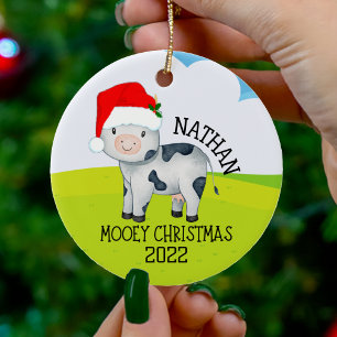 Mooey Christmas Cow Kids Farm Animal Ceramic Ornament