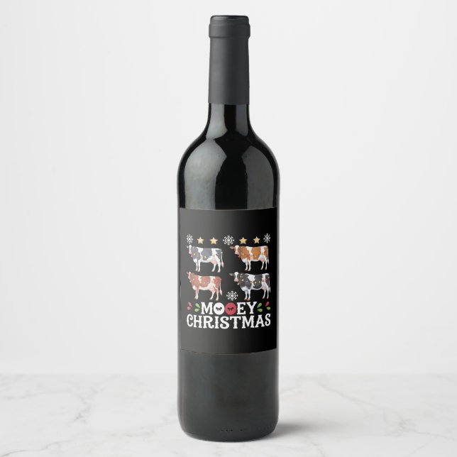 Mooey Christmas Cow Lover Holiday Farm Farmer Wine Label (Front)