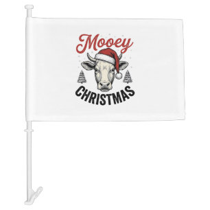 Mooey Christmas Cow Santa Hat Vintage Engraving De Car Flag