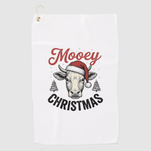Mooey Christmas Cow Santa Hat Vintage Engraving De Golf Towel