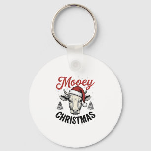 Mooey Christmas Cow Santa Hat Vintage Engraving De Keychain