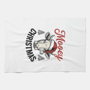 Mooey Christmas Cow Santa Hat Vintage Engraving De Kitchen Towel