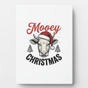 Mooey Christmas Cow Santa Hat Vintage Engraving De Plaque