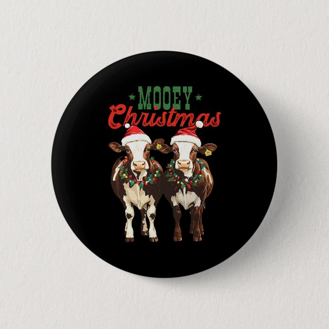 Mooey Christmas Cow With Santa Hats Xmas Lights Me Button (Front)