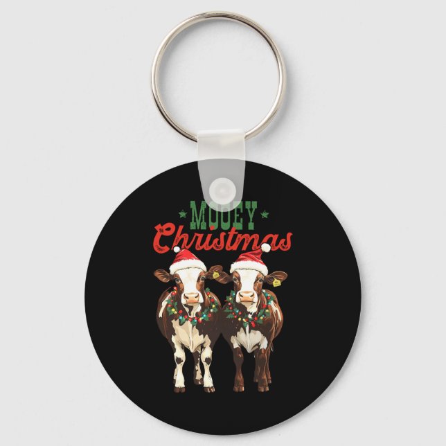 Mooey Christmas Cow With Santa Hats Xmas Lights Me Keychain (Front)