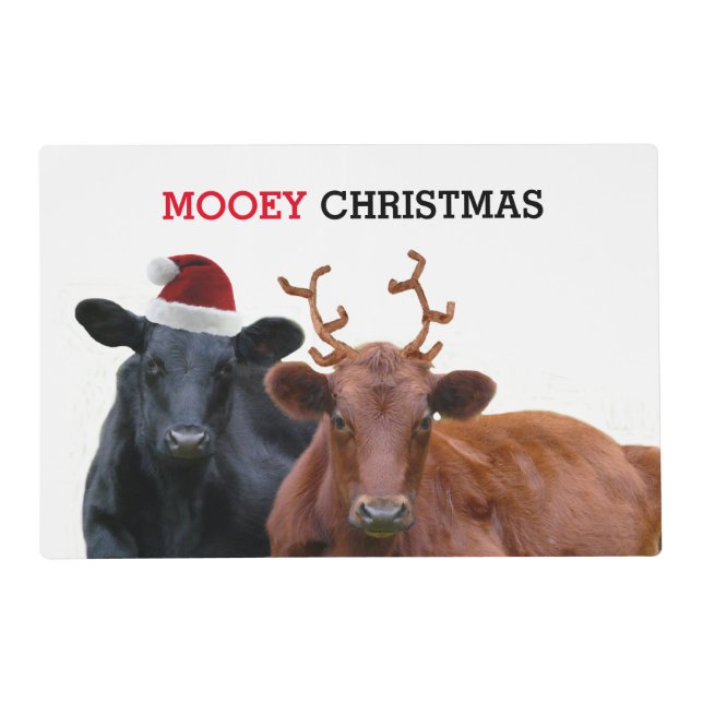 Mooey Christmas Cows in Santa Hat and Antlers Placemat (Front)