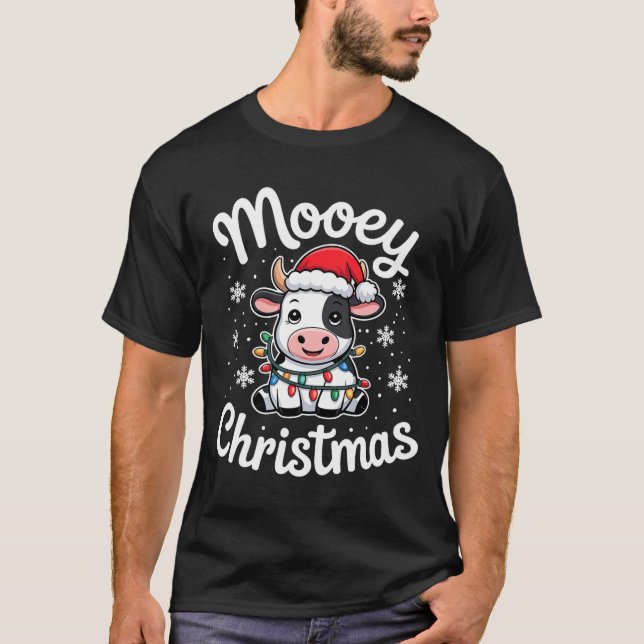 Mooey Christmas Cute Cow With Santa Hat And Holida T-Shirt (Front)