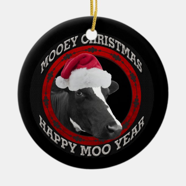 Mooey Christmas Happy Moo Year Santa Hat Cow Ceramic Ornament (Front)