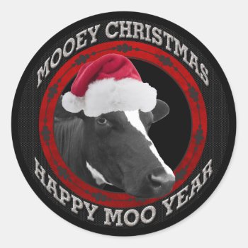 Mooey Christmas Happy Moo Year Santa Hat Cow Classic Round Sticker by StarStruckDezigns at Zazzle