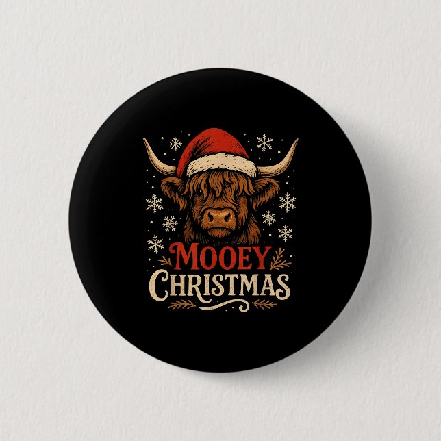 Mooey Christmas Highland Cow Funny Santa Hat Desig Button (Front)