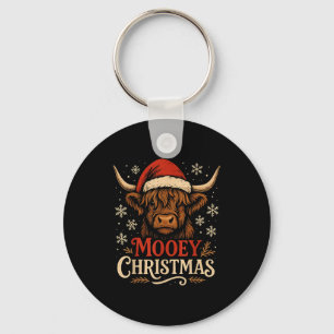 Mooey Christmas Highland Cow Funny Santa Hat Desig Keychain