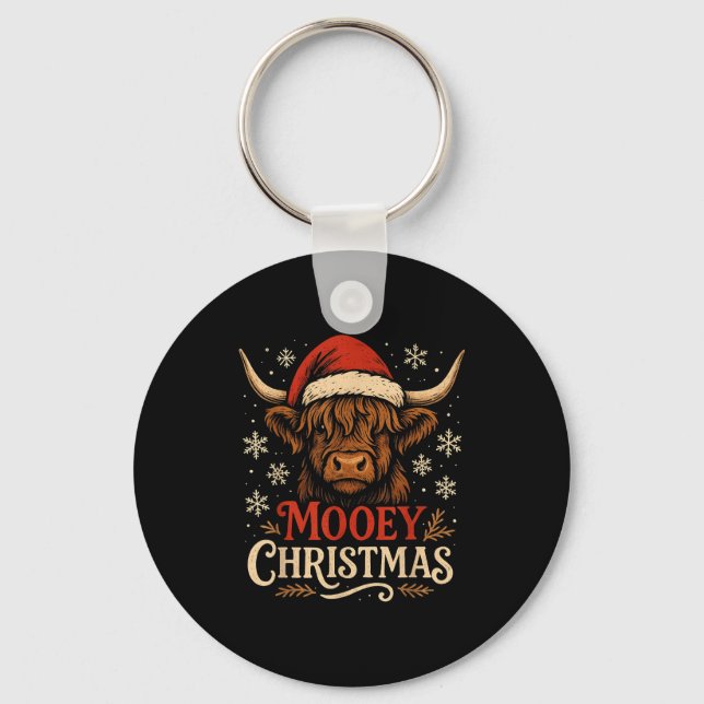 Mooey Christmas Highland Cow Funny Santa Hat Desig Keychain (Front)