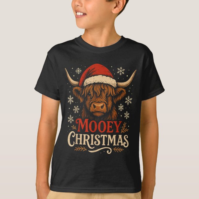 Mooey Christmas Highland Cow Funny Santa Hat Desig T-Shirt (Front)