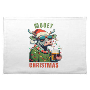 Mooey Christmas Highland Cow Light Santa Hat T-Shi Cloth Placemat