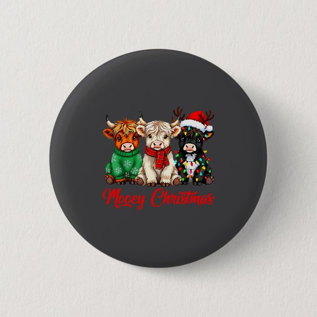 Mooey Christmas Lights Santa Hat Xmas Highland Cow Button (Front)