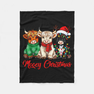 Mooey Christmas Lights Santa Hat Xmas Highland Cow Fleece Blanket