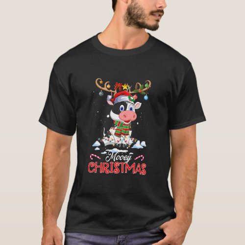 Mooey Christmas Reindeer Cow Xmas Light Santa Hat T_Shirt