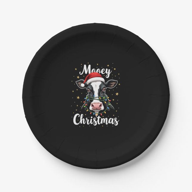 Mooey Christmas Santa Christmas Lights Cow Lovers  Paper Plates (Front)