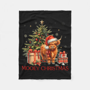 Mooey Christmas Santa Highland Cow Santa Xmas Tree Fleece Blanket